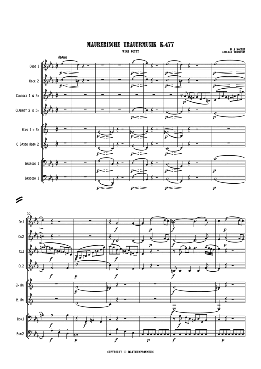 Mozart: Maurerische Trauermusik K.477 (Masonic Funeral Music) - wind octet (2 ob, 2 cl, 2 hn, 2 bsn) (arr. Ray Thompson)