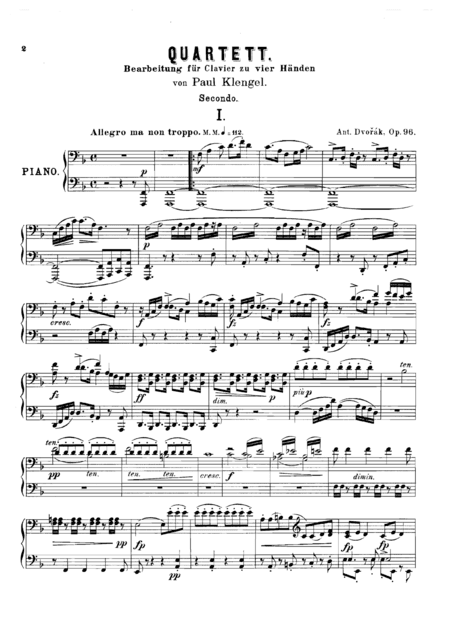 Dvorak String Quartet Op.96 "American" all mvts, for piano duet(1 piano, 4 hands), PD801 (arr. P. Klengel)