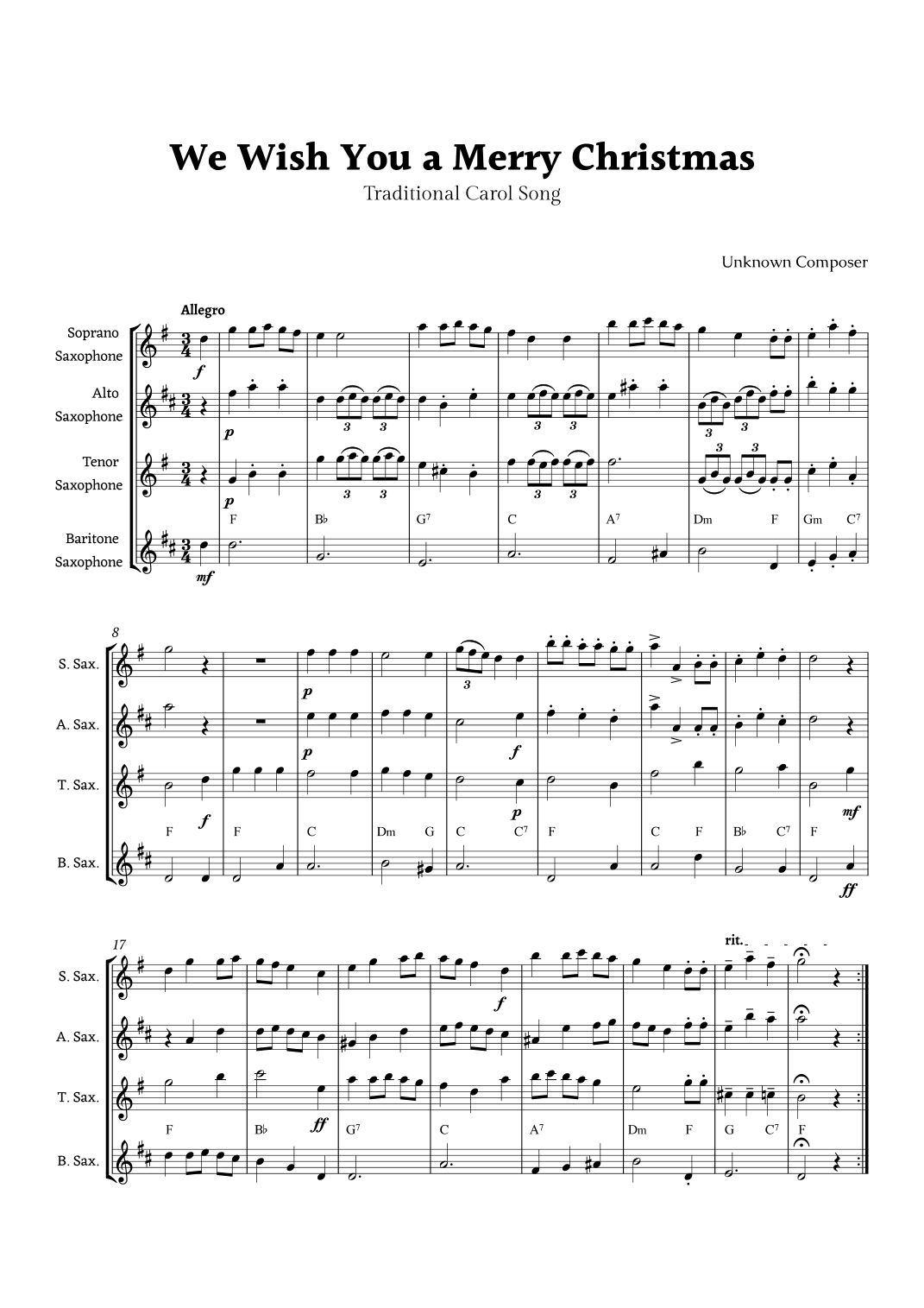 We Wish you a Merry Christmas for Saxophone Ensemble with Chords (arr. Rika K.)