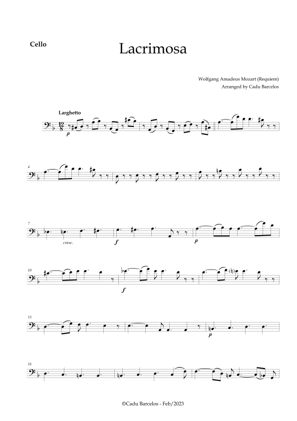 Lacrimosa - Cello no chords (Mozart) (arr. Cadu Barcelos)