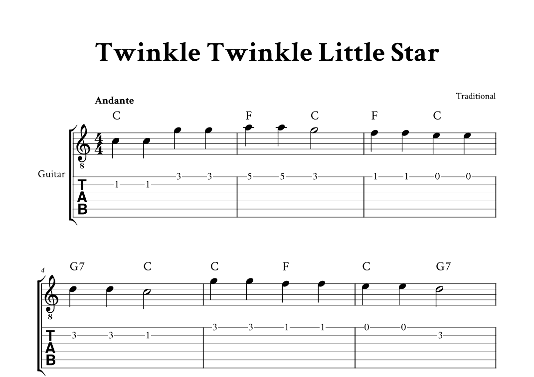 Twinkle Twinkle Little Star - Easy Guitar (C Major - with TAB, Chords) (arr. Yuri Noronha)