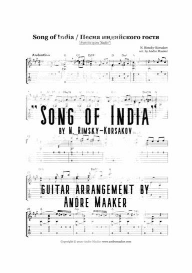 "Song of India / Песня индийского гостя" - guitar arrangement with TAB and chord symbols (arr. Andre Maaker)