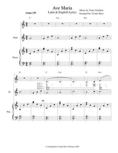 Ave Maria - Latin and English lyrics included for flute or violin or cello, voice and piano (arr. Connie Boss)