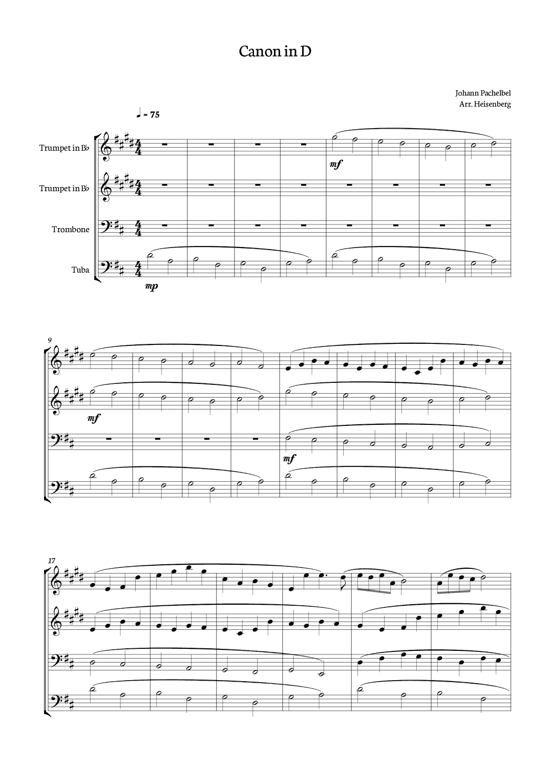 Canon in D - J. Pachelbel for Brass quartet with chords. (arr. Heisenberg)