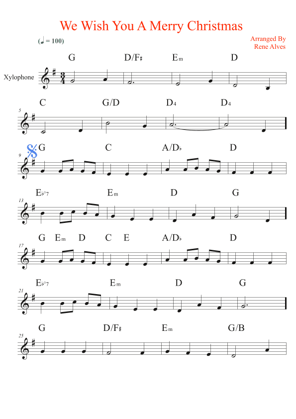 We Wish You A Merry Christmas, xylophone sheet music and melody for the beginning musician (easy). (arr. Rene Alves)