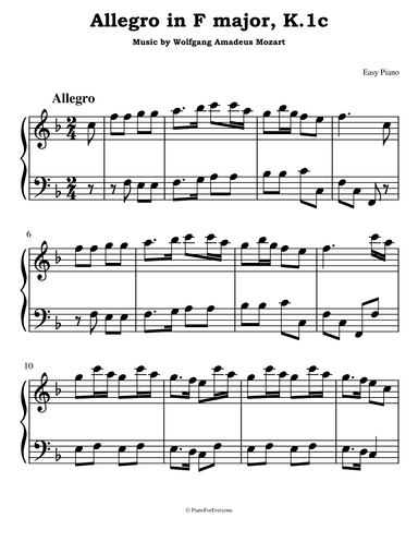 Allegro in F major, K.1c - Mozart (Easy Piano) (arr. PianoForEveryone)
