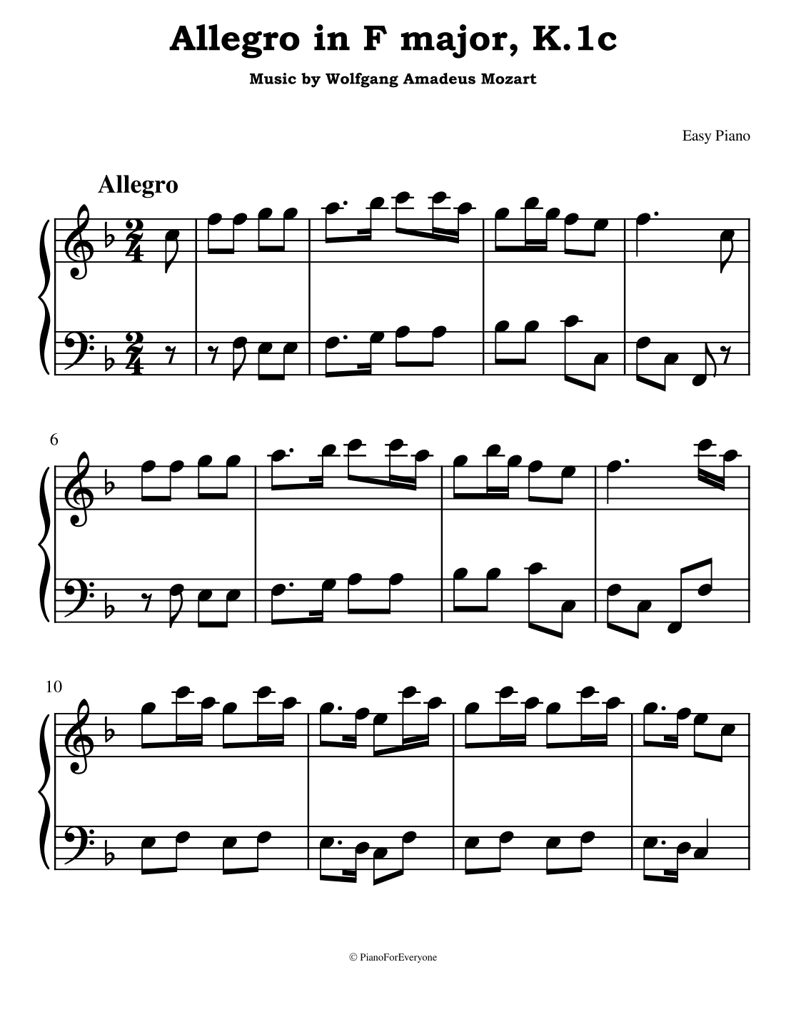Allegro in F major, K.1c - Mozart (Easy Piano) (arr. PianoForEveryone)