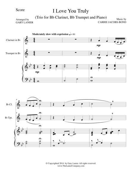 I LOVE YOU TRULY (Trio – Bb Clarinet, Bb Trumpet, and Piano with Score and Parts) (arr. Gary Lanier)
