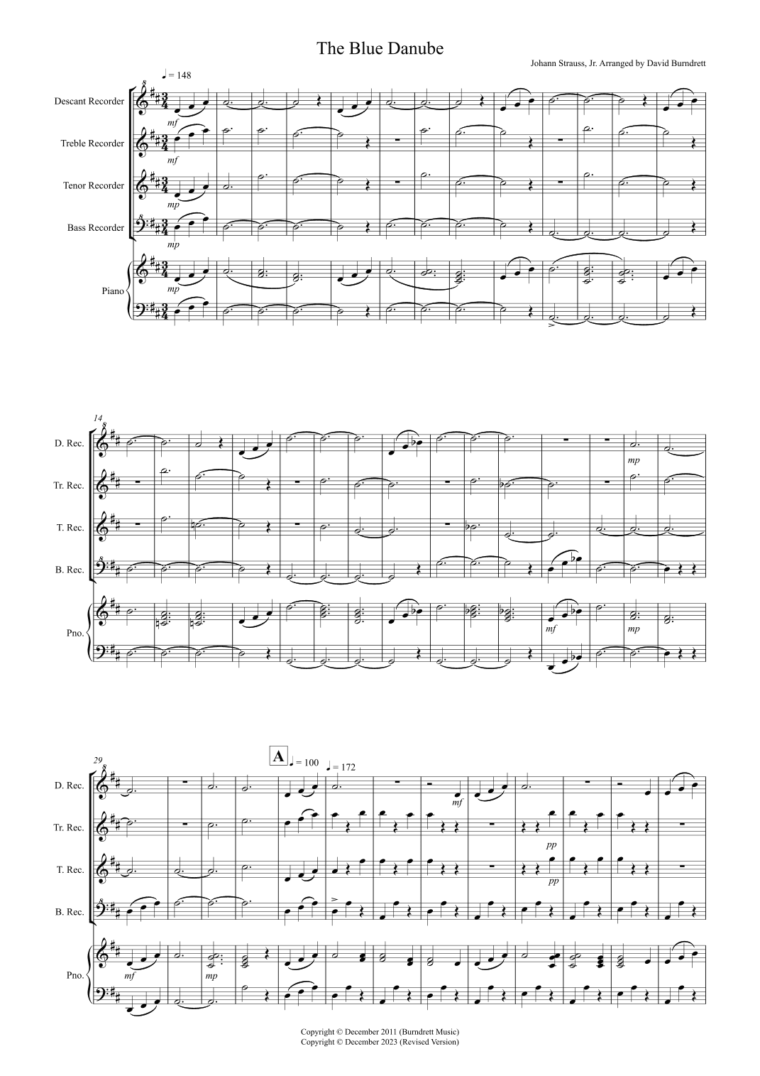 The Blue Danube for Recorder Quartet (arr. David Burndrett)