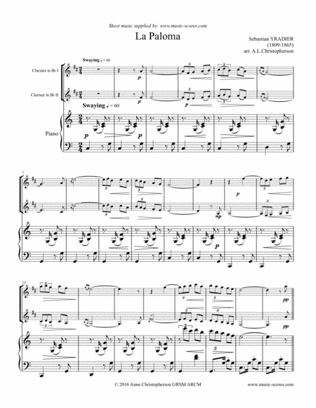 La Paloma - 2 Clarinets and Piano (arr. Anne L Christopherson GRSM ARCM)