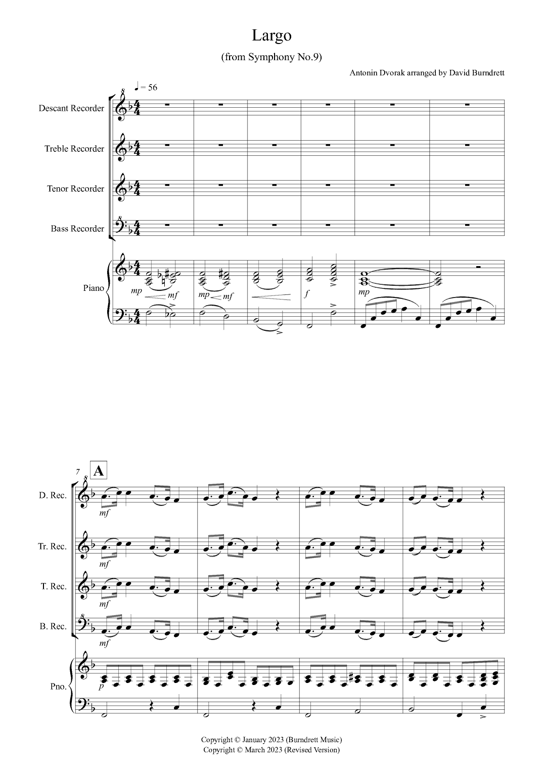 Largo (from the New World Symphony) for Recorder and Piano (arr. David Burndrett)