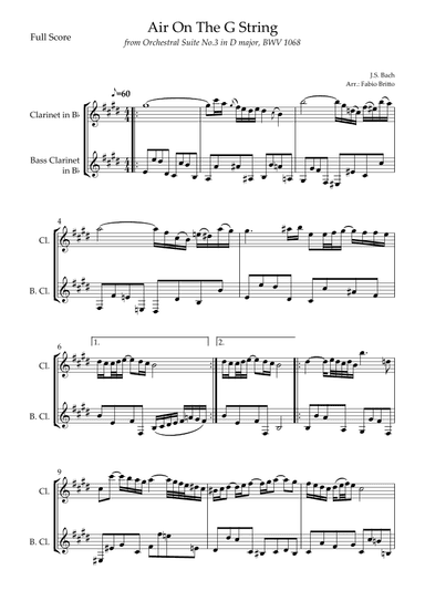 Air On The G String (J.S. Bach) for Clarinet in Bb & Bass Clarinet in Bb Duo (arr. Fabio Britto)