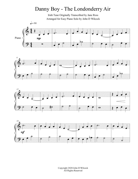 Danny Boy - The Londonderry Air - Easy Piano Solo (arr. John D Wilcock)