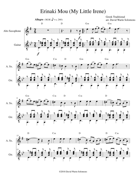 Erinaki mou - Ερηνάκι μου (My little Irene) for alto saxophone and guitar (arr. David Warin Solomons)