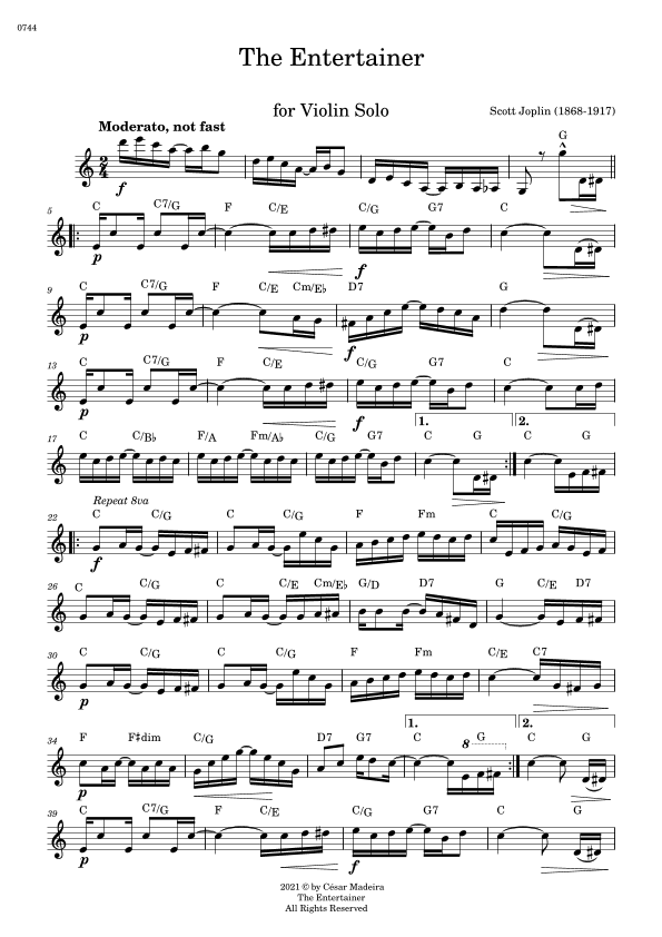 The Entertainer by Joplin - Violin Solo - W/Chords (Full Score) (arr. César Madeira)