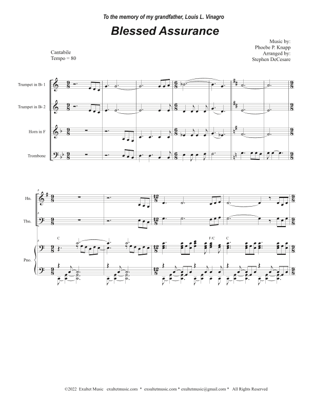 Blessed Assurance (Brass Quartet and Piano) (arr. Stephen DeCesare)