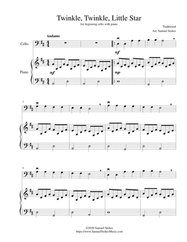 Twinkle, Twinkle, Little Star - for beginning cello with optional piano accompaniment (arr. Samuel Stokes)