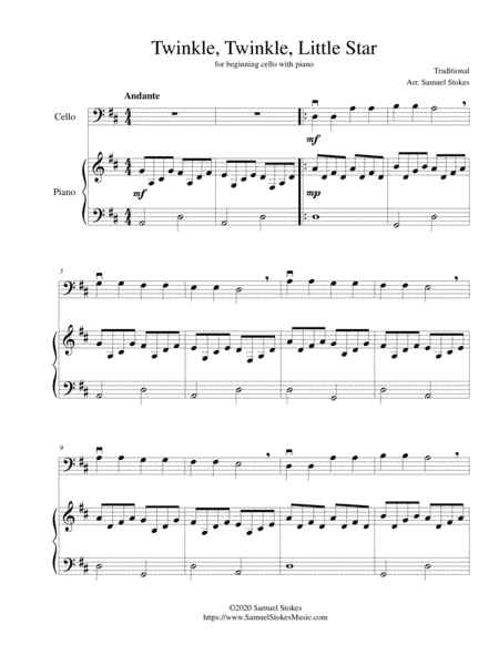 Twinkle, Twinkle, Little Star - for beginning cello with optional piano accompaniment (arr. Samuel Stokes)