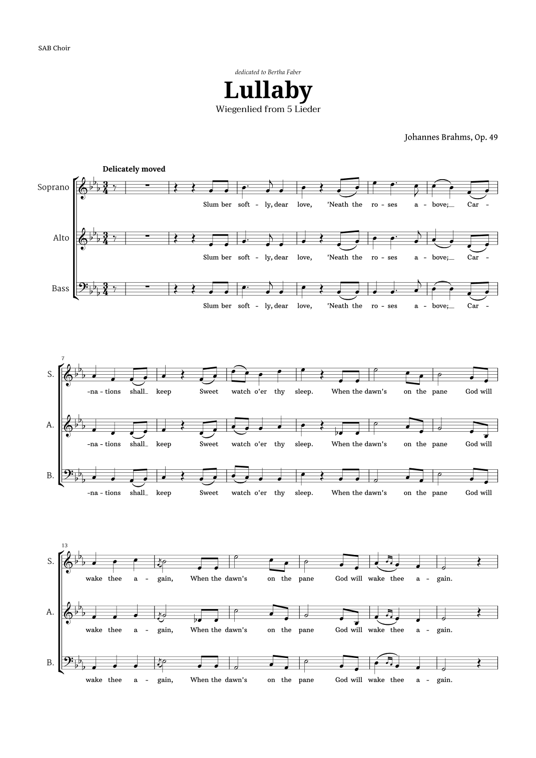 Lullaby by Brahms for SAB Choir (arr. Langanho)