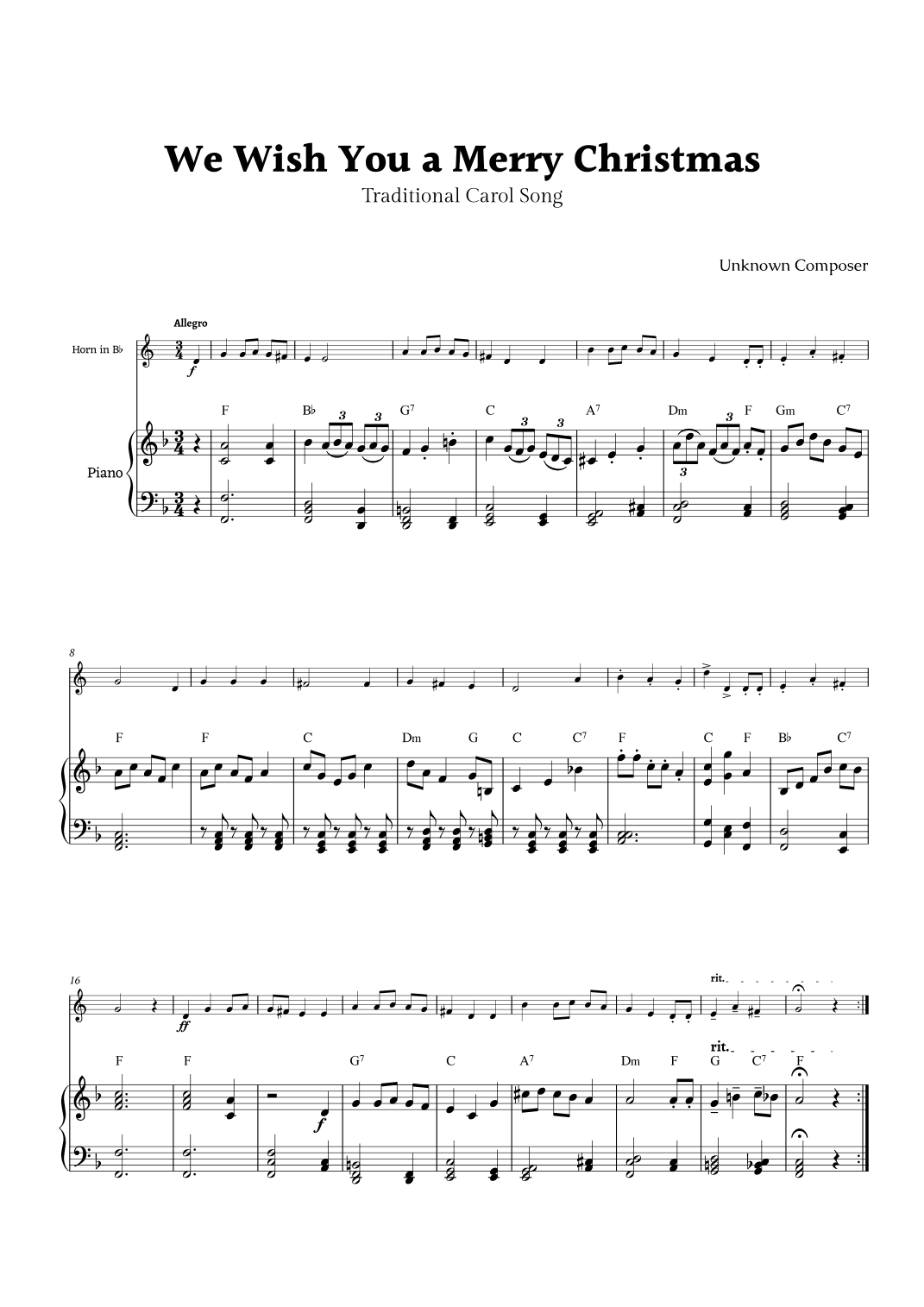 We Wish you a Merry Christmas for B- Flat Horn and Piano (arr. Rika K.)