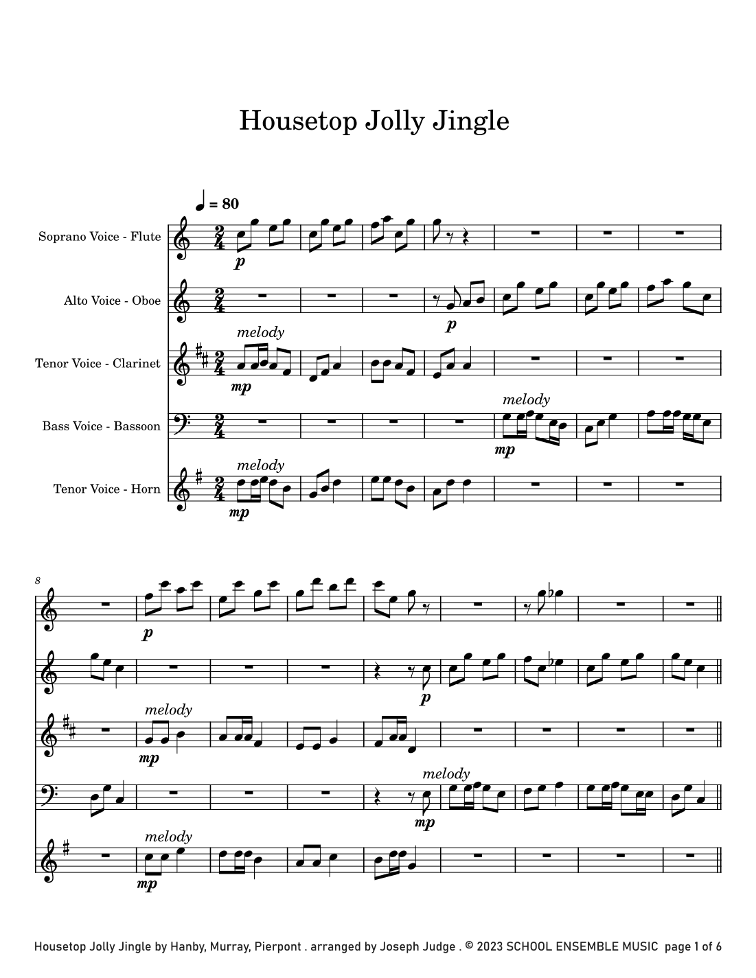 Housetop Jolly Jingle for Woodwind Quartet in Schools (arr. Joseph Judge)