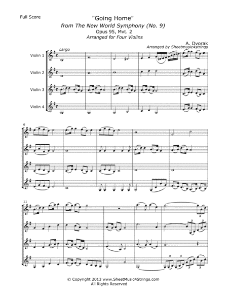 "Going Home" from the New World Symphony, Arranged for 4 Violins (arr. SheetMusic4Strings)