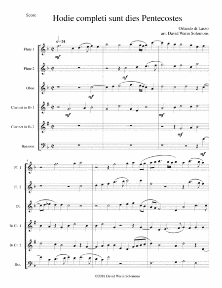 Hodie completi sunt by Orlando di Lasso for wind sextet (2 flutes, oboe, 2 clarinets, bassoon) (arr. David Warin Solomons)