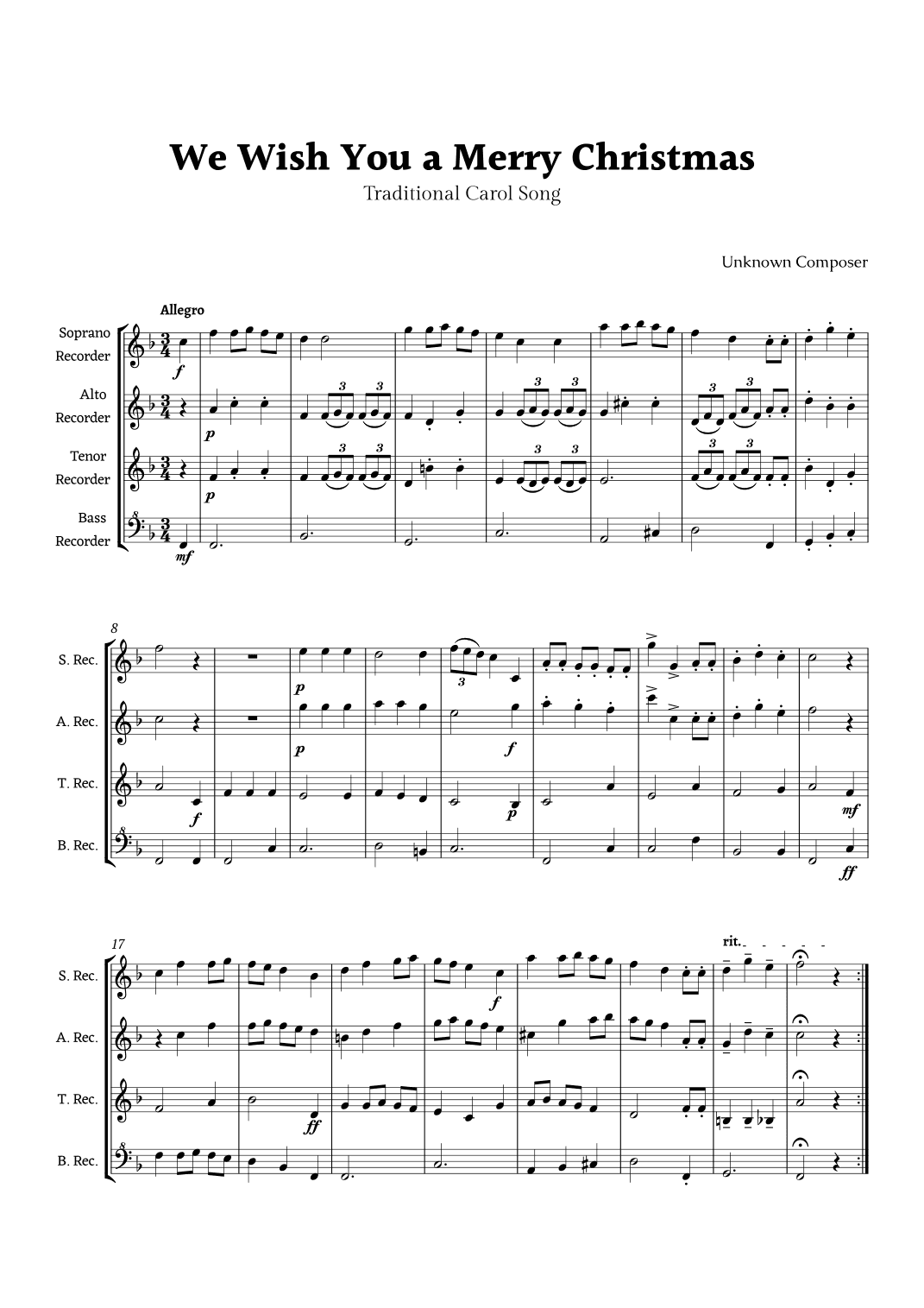 We Wish you a Merry Christmas for Recorder Ensemble (arr. Rika K.)