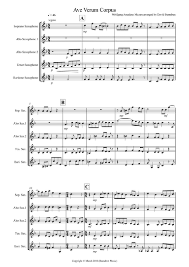 Ave Verum Corpus for Saxophone Quintet (arr. David Burndrett)