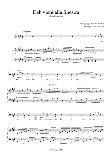 Deh vieni alla finestra (Don Giovanni) Mozart - A Major (BARITONE) (arr. Cadu Barcelos)