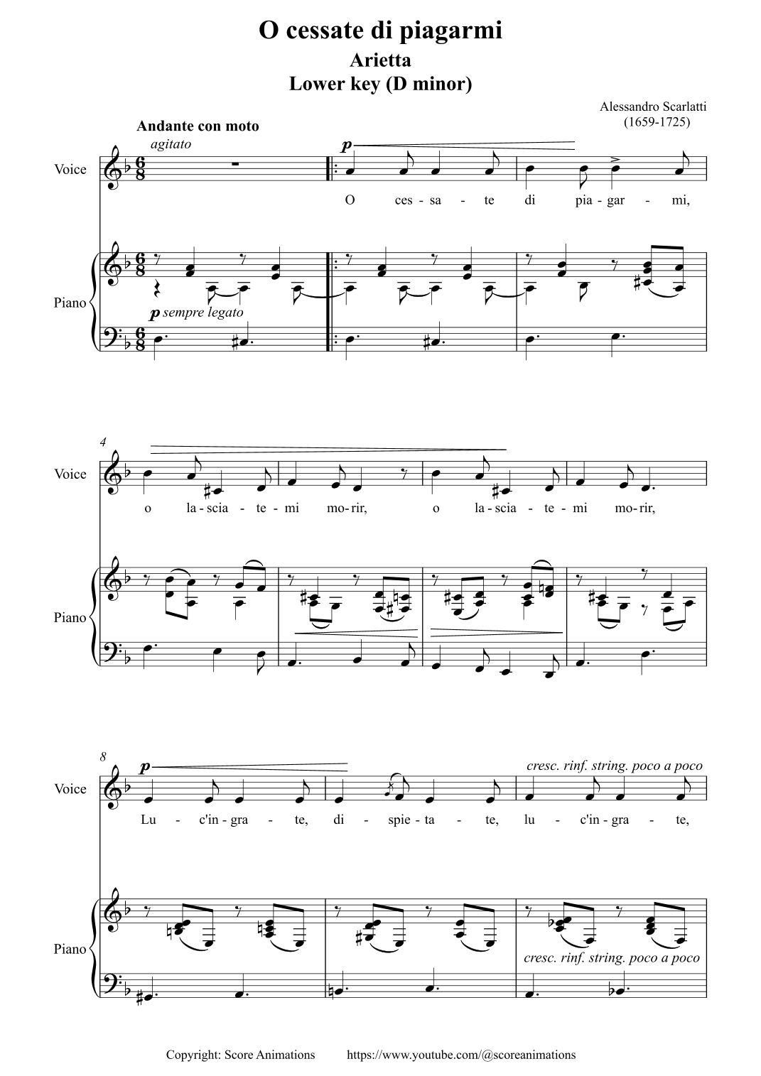 “O cessate di piagarmi“ Lower key D minor (arr. Score Animations)