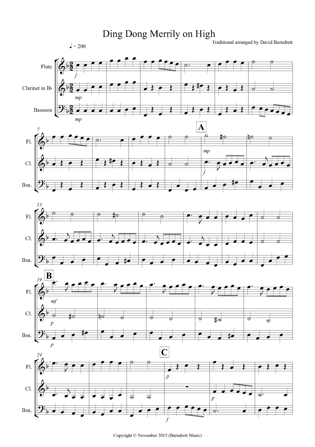 Ding Dong Merrily on High for Wind Trio (arr. David Burndrett)