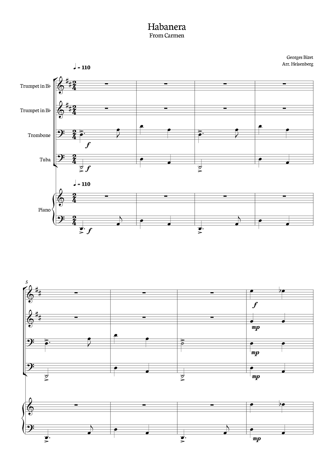 Habanera - Georges Bizet (Carmen) for Brass Quartet in a easy version with piano - Score and parts (arr. Heisenberg)