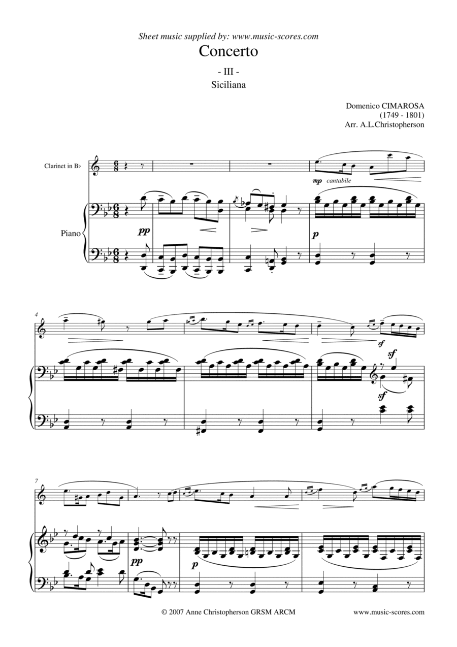 Cimarosa Siciliana - 3rd movement from Oboe Concerto - Clarinet and Piano (arr. Anne L Christopherson GRSM ARCM)