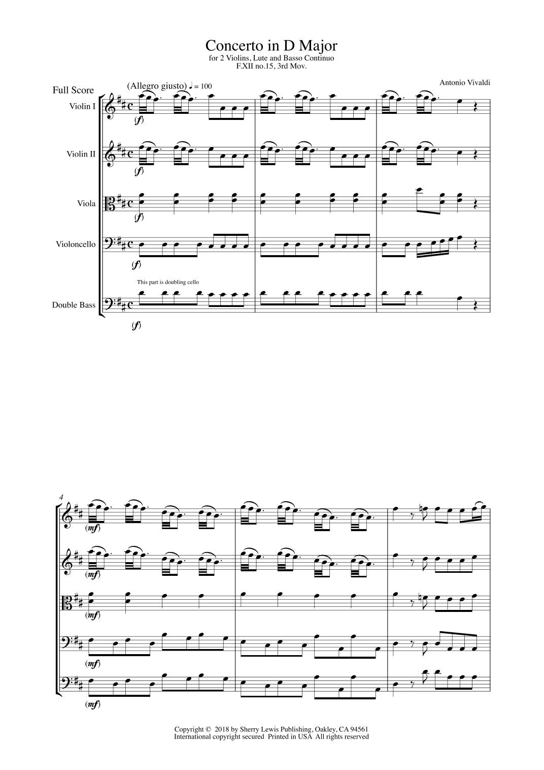 CONCERTO IN D MAJOR FOR 2 VIOLINS, LUTE AND BASSO CONTINUO, F.XII NO.15, 3rd Mov., String Quintet (arr. Sherry Lewis)