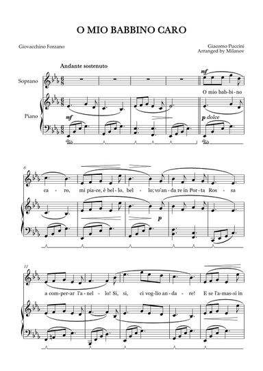 O Mio Babbino Caro | Female Voice Soprano | E-flat Major | Piano accompaniment | Pedal (arr. Milanov)