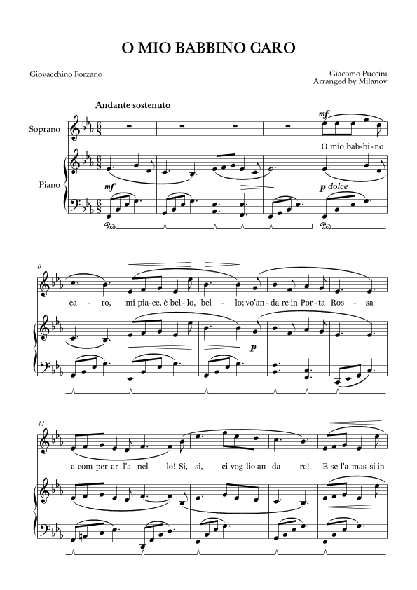 O Mio Babbino Caro | Female Voice Soprano | E-flat Major | Piano accompaniment | Pedal (arr. Milanov)
