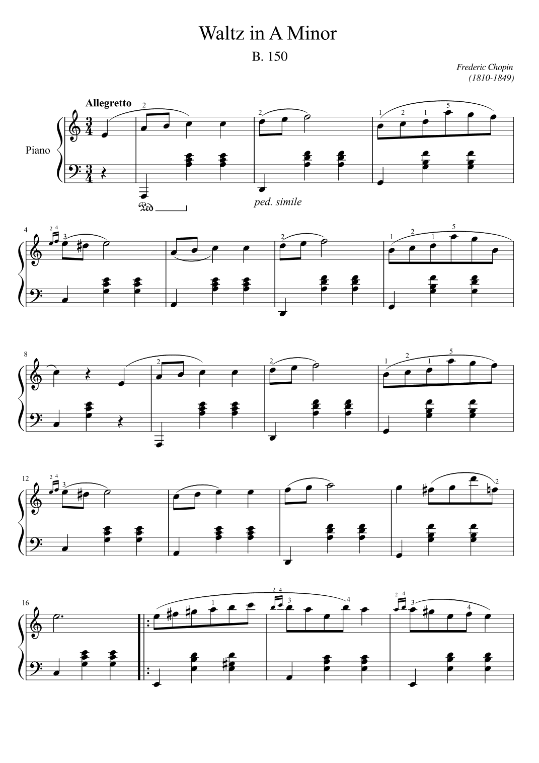 Chopin - Waltz in A minor, B.150 - Original Fo Piano Solo With Fingering (arr. poon)
