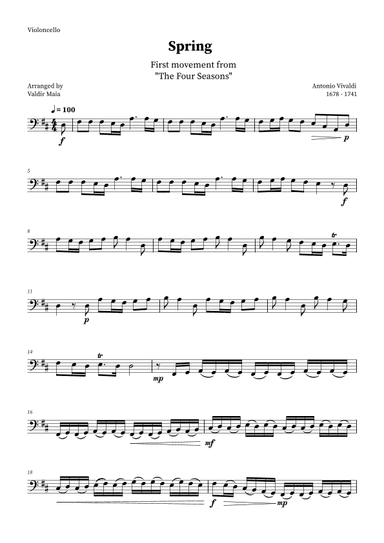 Spring - The Four Seasons for Cello Solo (D Major) (arr. Valdir Maia)