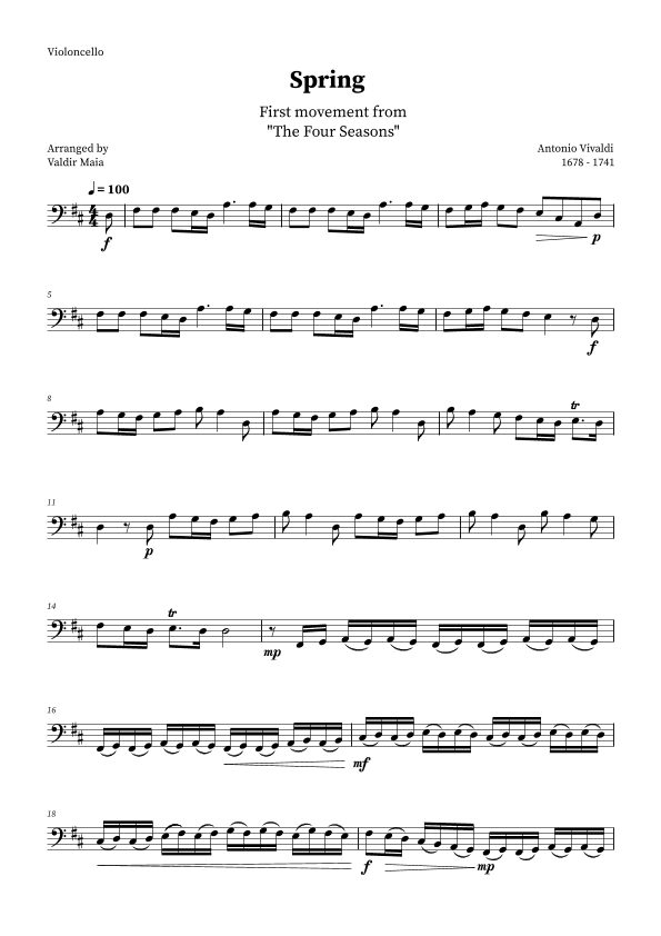 Spring - The Four Seasons for Cello Solo (D Major) (arr. Valdir Maia)