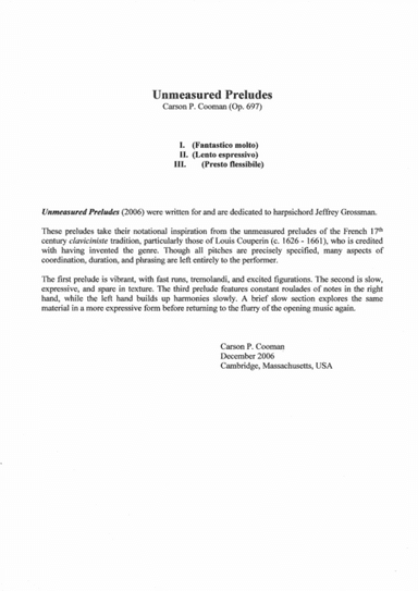 Carson Cooman: Unmeasured Preludes (2006) for harpsichord
