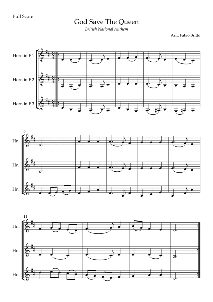 God Save The Queen (British National Anthem) for Horn in F Trio (arr. Fabio Britto)