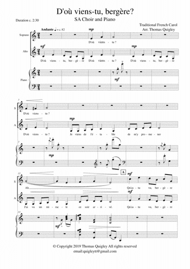 D'où viens-tu bergère (arr. Thomas Quigley)