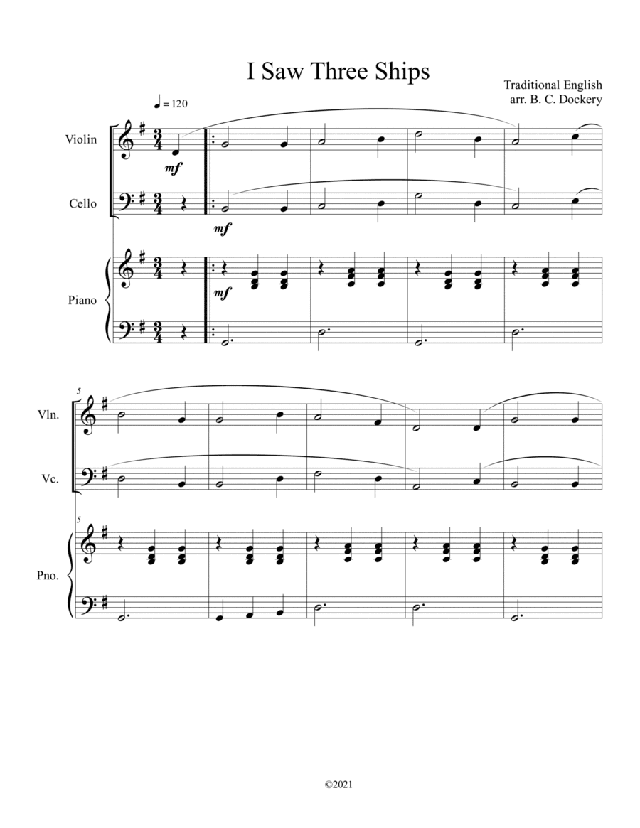 I Saw Three Ships (Violin and Cello Duet with Piano Accompaniment) (arr. B. C. Dockery)