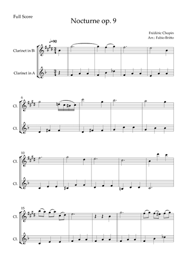 Nocturne Op.9 No. 2 (Frédéric Chopin) for Clarinet in Bb & Clarinet in A Duo (arr. Fabio Britto)