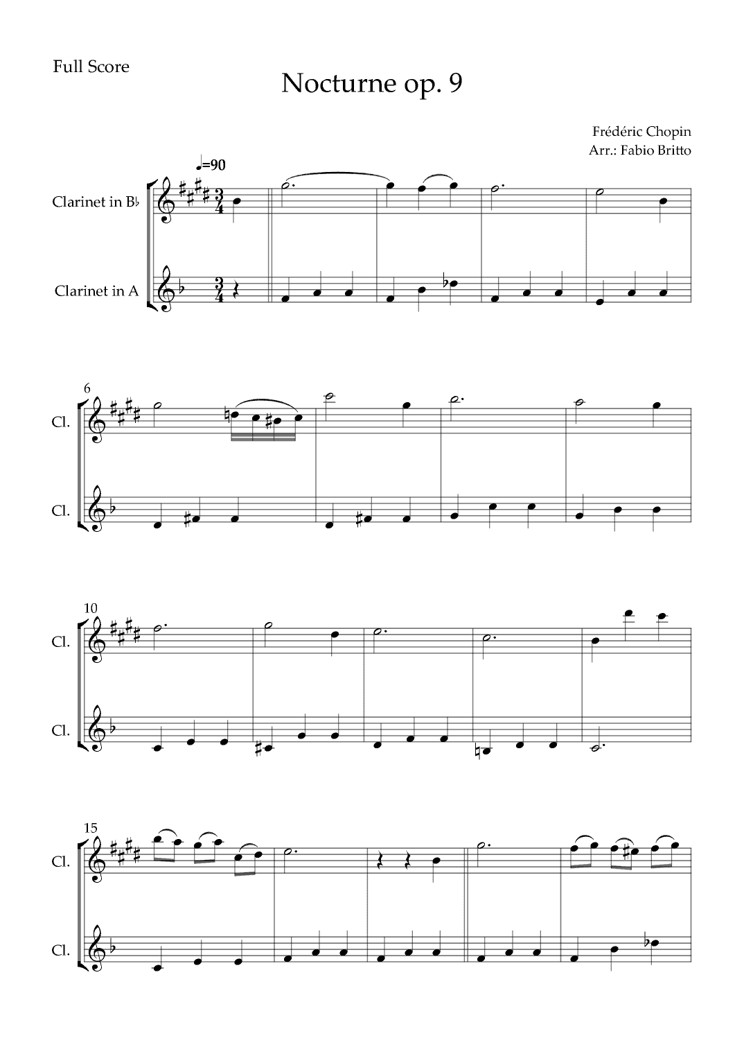 Nocturne Op.9 No. 2 (Frédéric Chopin) for Clarinet in Bb & Clarinet in A Duo (arr. Fabio Britto)