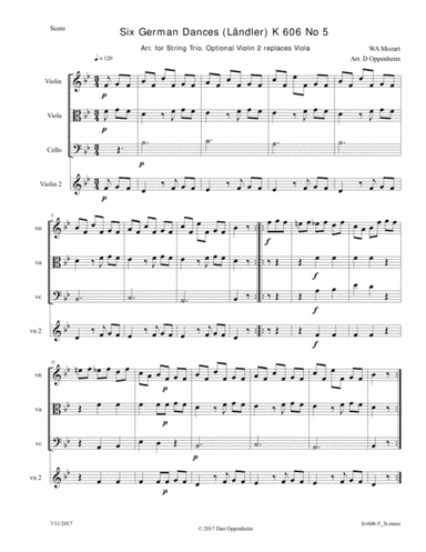 Mozart: 6 German Dances K 606 No. 5 arr. for String Trio; Optional - 2nd Violin replaces the Viola (arr. D Oppenheim)