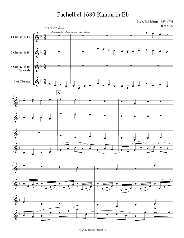 Pachelbel Canon in Eb Clarinet Quartet (arr. R G Roth)
