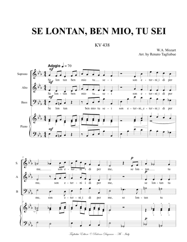 SE LONTAN, BEN MIO, TU SEI - KV 438 - For SAB and Piano (arr. Renato Tagliabue)