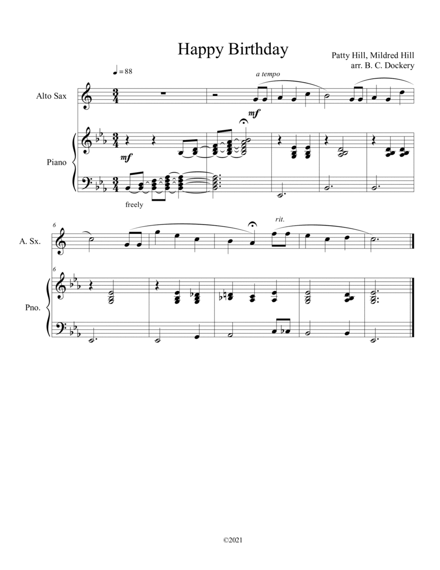 Happy Birthday (Alto Sax Solo) with optional piano accompaniment (arr. B. C. Dockery)